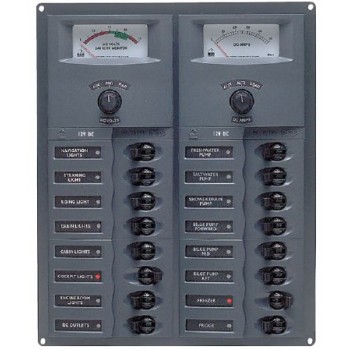 BEP Marinco Contour 16 Circuit Breaker DC Panel - Vertical with 12V Analog Voltmeter and Ammeter (113154 - SUR 904-AM)
