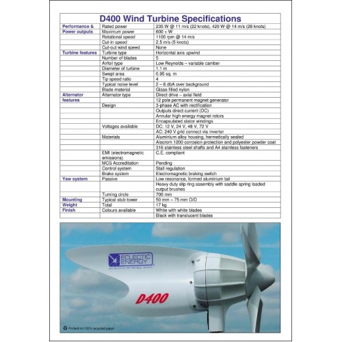 Eclectic Energy D400 Windgenerator 400W